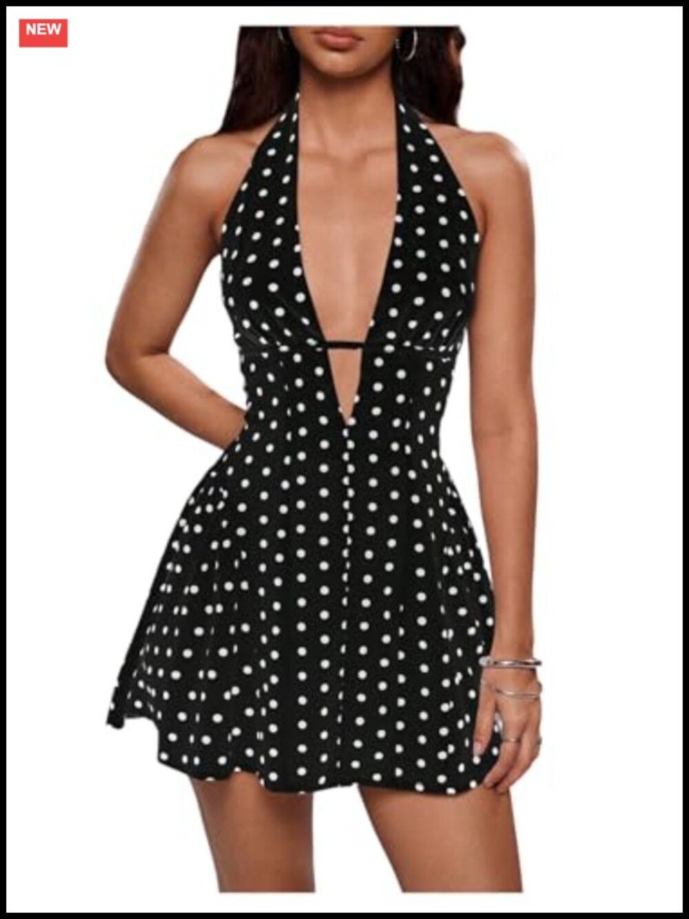 Cute Vacation Polka Dots Deep V Neck Halter Dress with Ruffle Hem